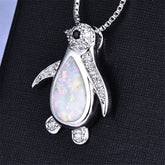 Opal & Cubic Zirconia Penguin Pendant Necklace