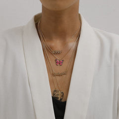 Pink Enamel & 18K Gold-Plated Butterfly & Heart Pendant Necklace Set