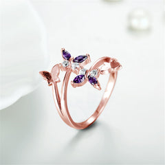Purple Crystal & 18k Rose Gold-Plated Butterfly Ring - streetregion