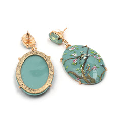 Green Crystal & 18K Gold-Plated Bird Branch Oval Drop Earrings