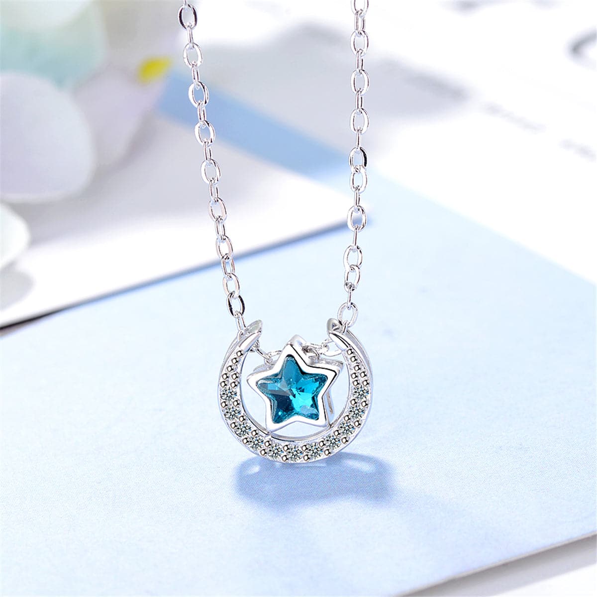 Blue Crystal & cubic zirconia Star Above Moon Pendant Necklace - streetregion