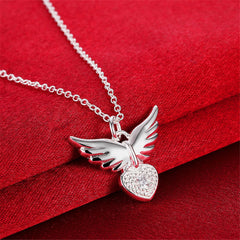 cubic zirconia & Silver-Plated Flying Heart Pendant Necklace - streetregion