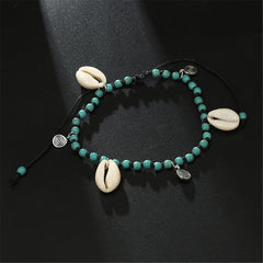Turquoise & Silver-Plated Seashell Beaded Anklet