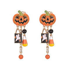 Festive Halloween earrings with candy corn and pumpkin designs, accented by cubic zirconia ghost dangles.