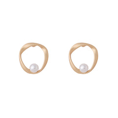 Elegant gold-plated stud earrings with a pearl centerpiece, showcasing an open twist round design.