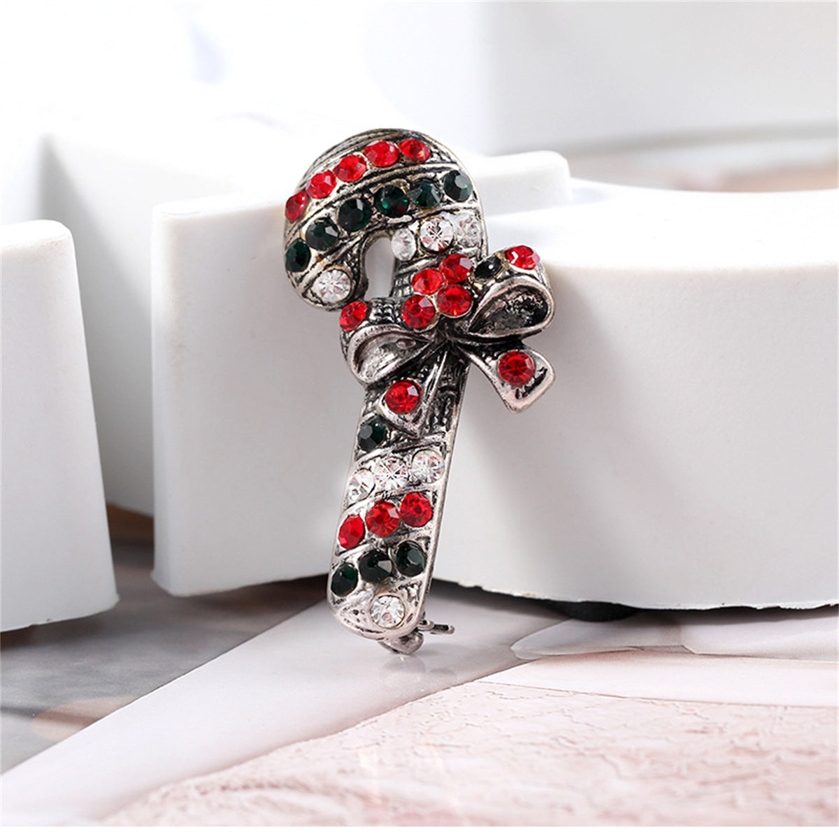 Black and Red Cubic Zirconia and Silver-Plated Bow Candy Cane Brooch, silver brooch pin, elegant gift for her, side view