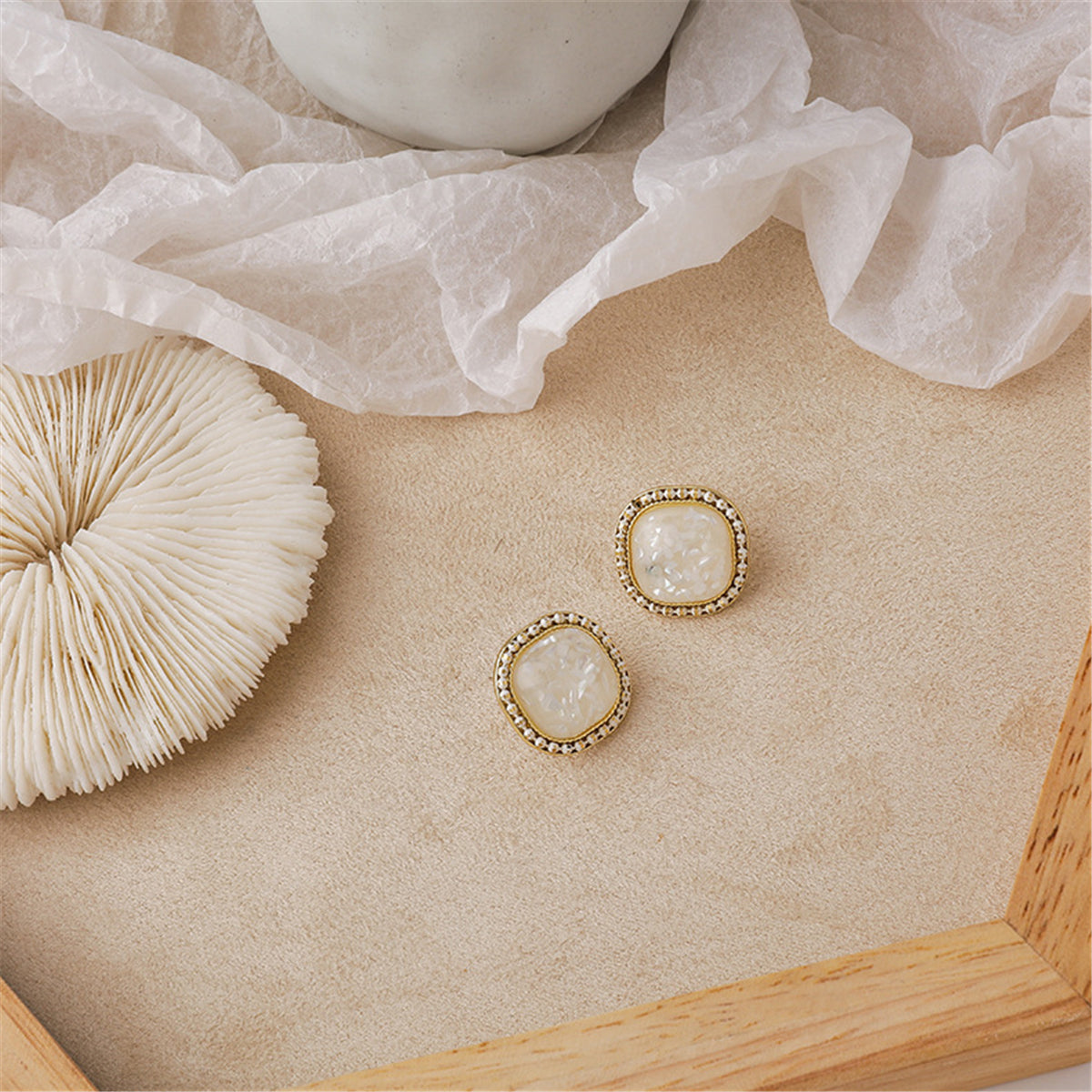 White Resin and 18K Gold-Plated Square Stud Earrings, gold stud earrings for women, dainty minimalist design, detail close-up