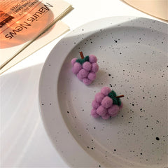 Purple & Green Wool Fuzzy Grape Bunch Stud Earrings