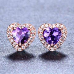 Purple Crystal & Cubic Zirconia 18K Rose Gold-Plated Halo Heart Stud Earrings
