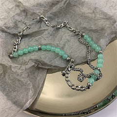 Jade & Silver-Plated Beaded Figaro Chain Layered Necklace