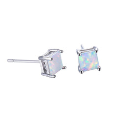 White Opal & Silver-Plated Princess Cut Stud Earrings