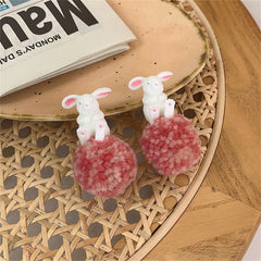 White & Pink Wool Pom-Pom Rabbit Drop Earrings