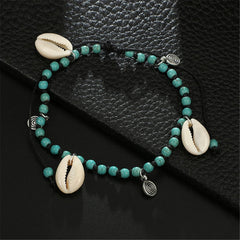 Turquoise & Silver-Plated Seashell Beaded Anklet