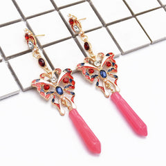 Pink Resin & Cubic Zirconia Butterfly Drop Earrings