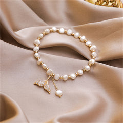 Cubic Zirconia & Pearl 18K Gold-Plated Mermaid Tail Stretch Bracelet