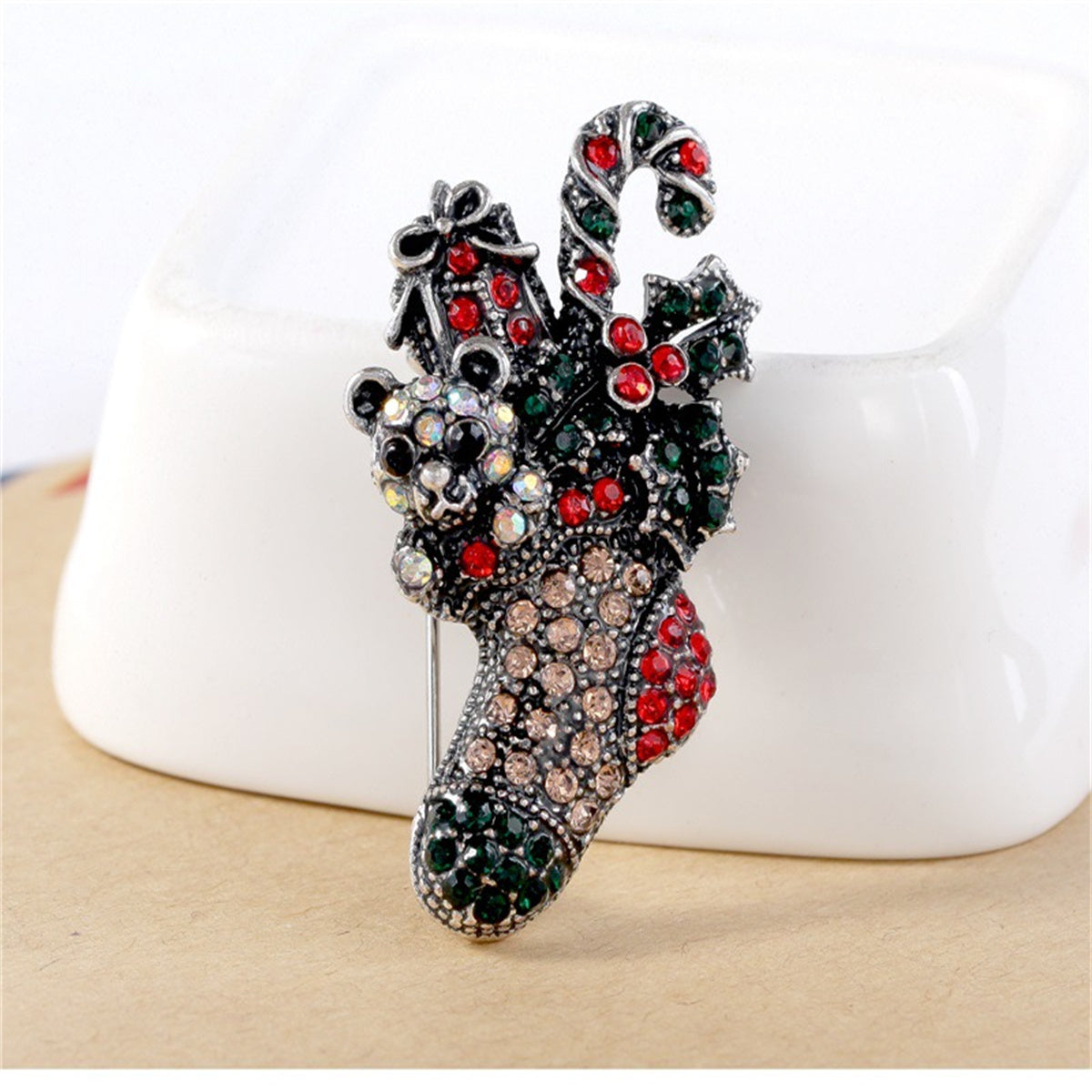 Red Cubic Zirconia and Silver-Plated Christmas Gift Box Stocking Brooch, silver brooch pin, lifestyle look