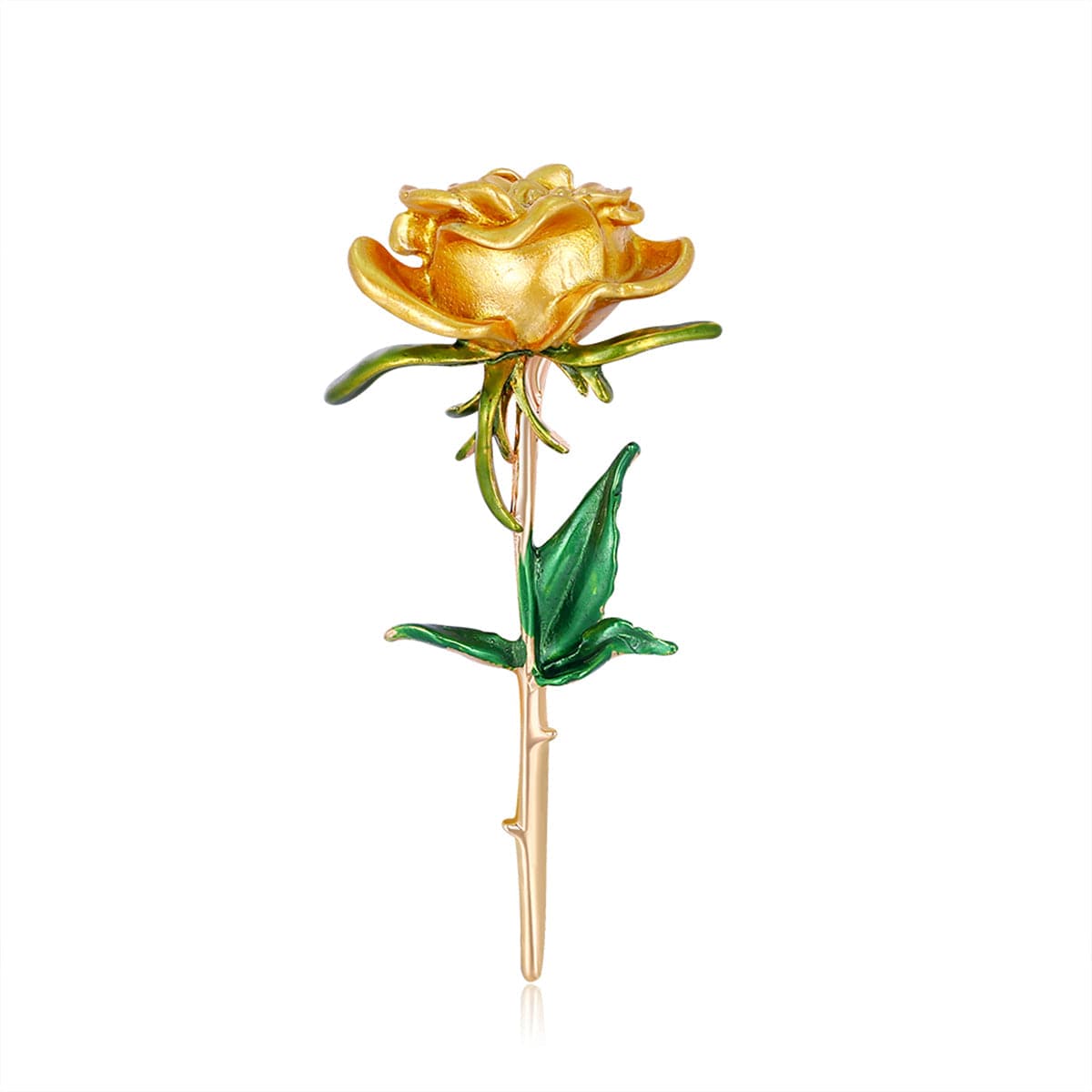 Yellow Enamel and 18K Gold-Plated Rose Brooch, gold brooch pin, botanical inspired, side view