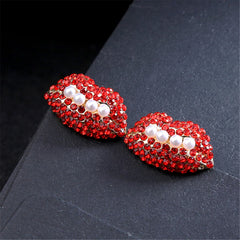 Imitation Pearl & Red cubic zirconia Lips Stud Earrings - streetregion