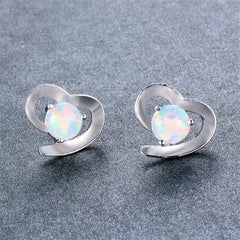 White Opal & Silver-Plated Heart Stud Earrings