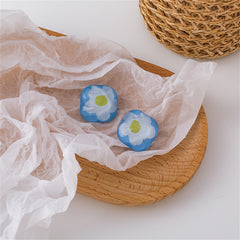 Blue & White Floral Square Stud Earrings