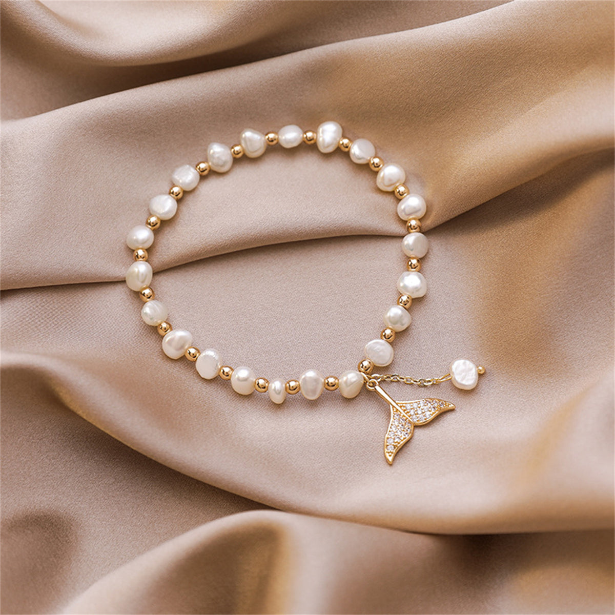 Cubic Zirconia & Pearl 18K Gold-Plated Mermaid Tail Stretch Bracelet