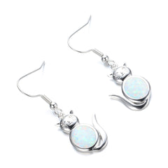 White Opal & Silver-Plated Cat Drop Earrings