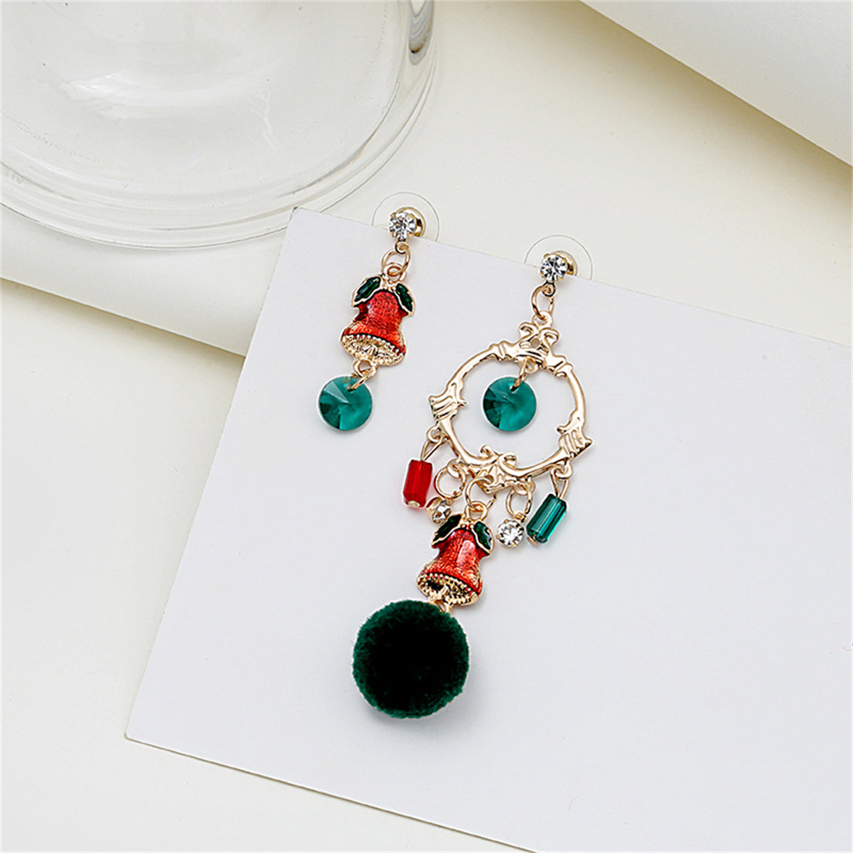 Cubic Zirconia and Enamel 18K Gold-Plated Pom-Pom Bell Mismatched Drop Earrings, gold drop earrings for..., detail close-up