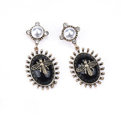 Black Crystal & Pearl 18K Gold-Plated Bee Drop Earrings