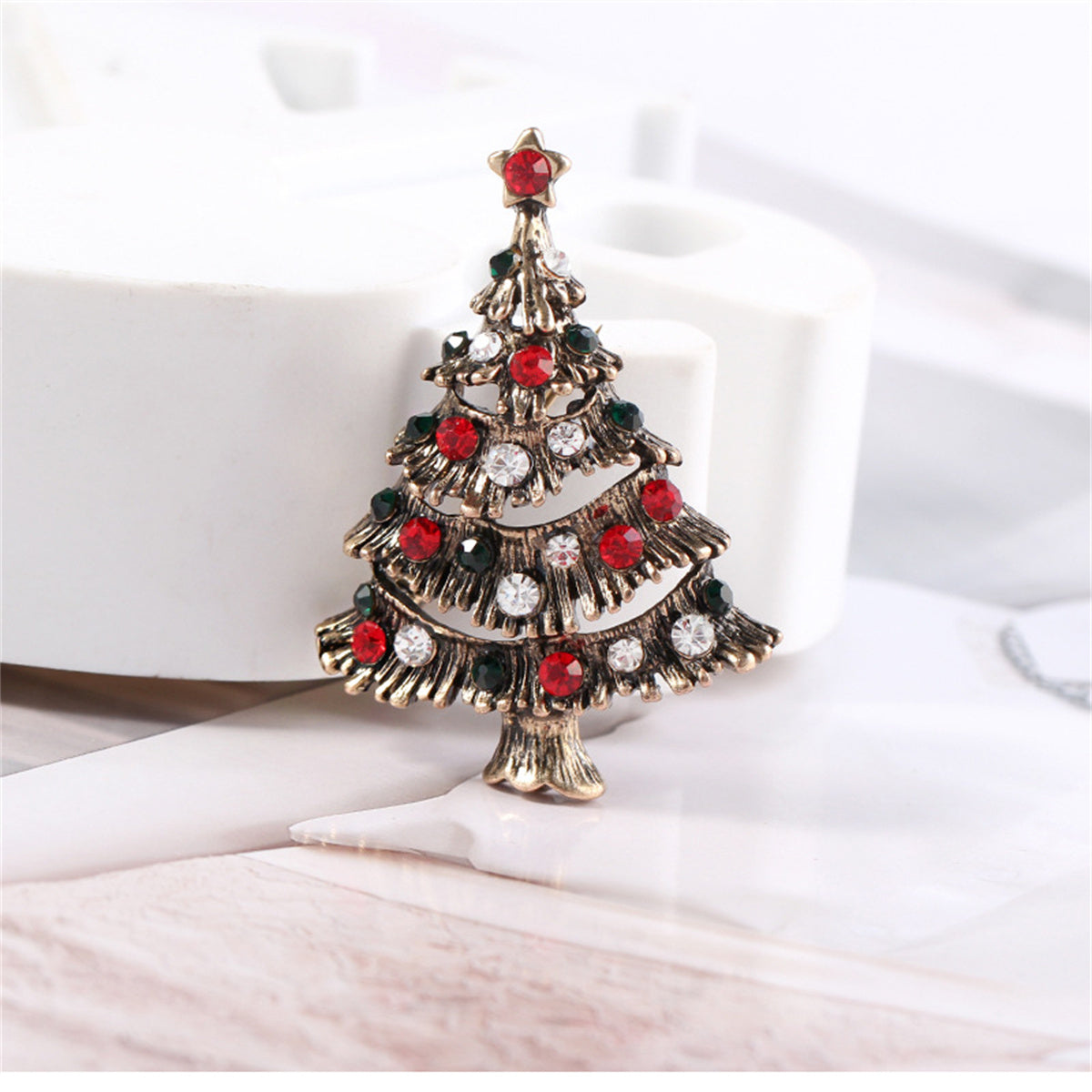 Red Cubic Zirconia and 18K Gold-Plated Christmas Tree Brooch, gold brooch pin, vintage-inspired design, side view