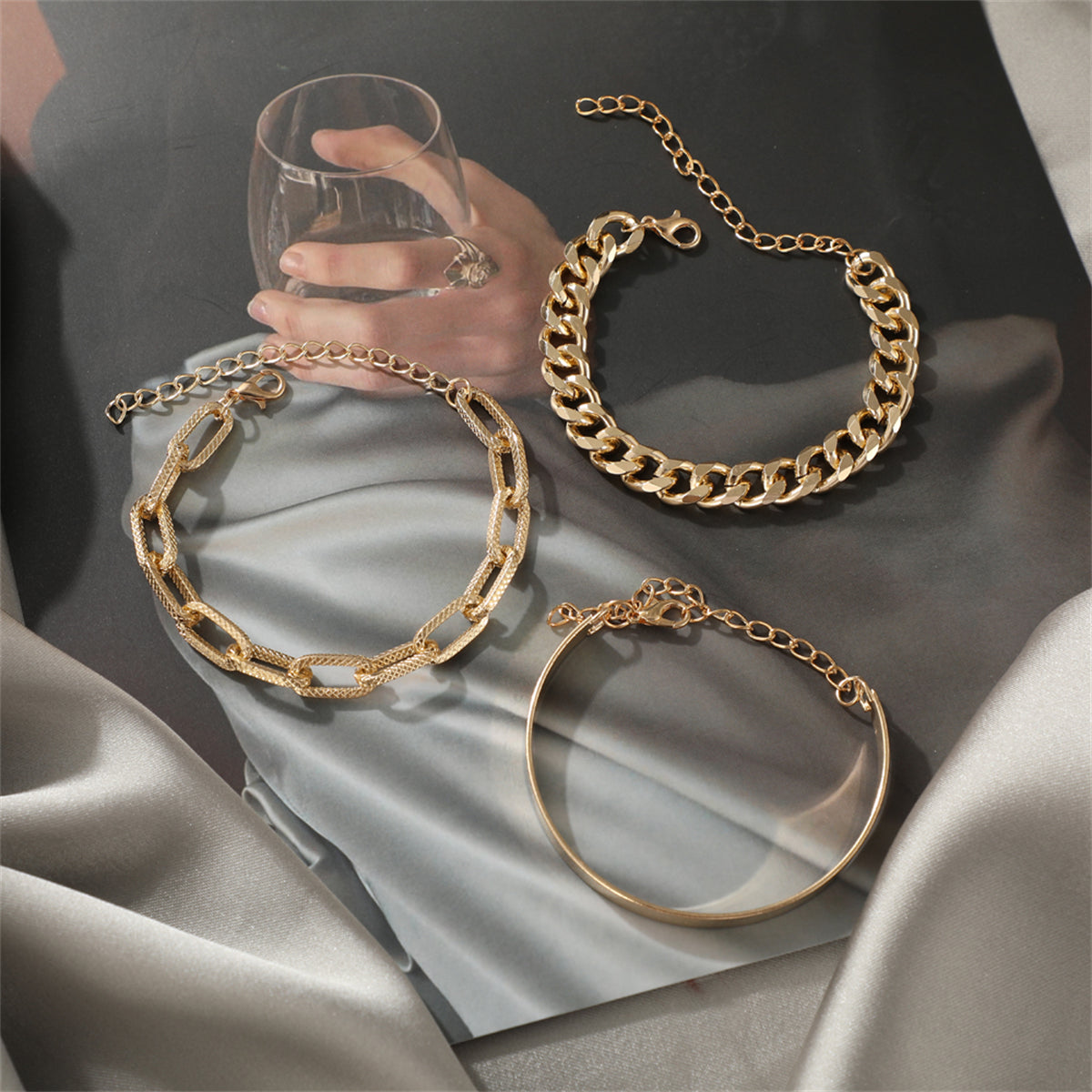 18K Gold-Plated Cable Chain Bracelet Set, jewelry gift sets for women, botanical inspired, styled look