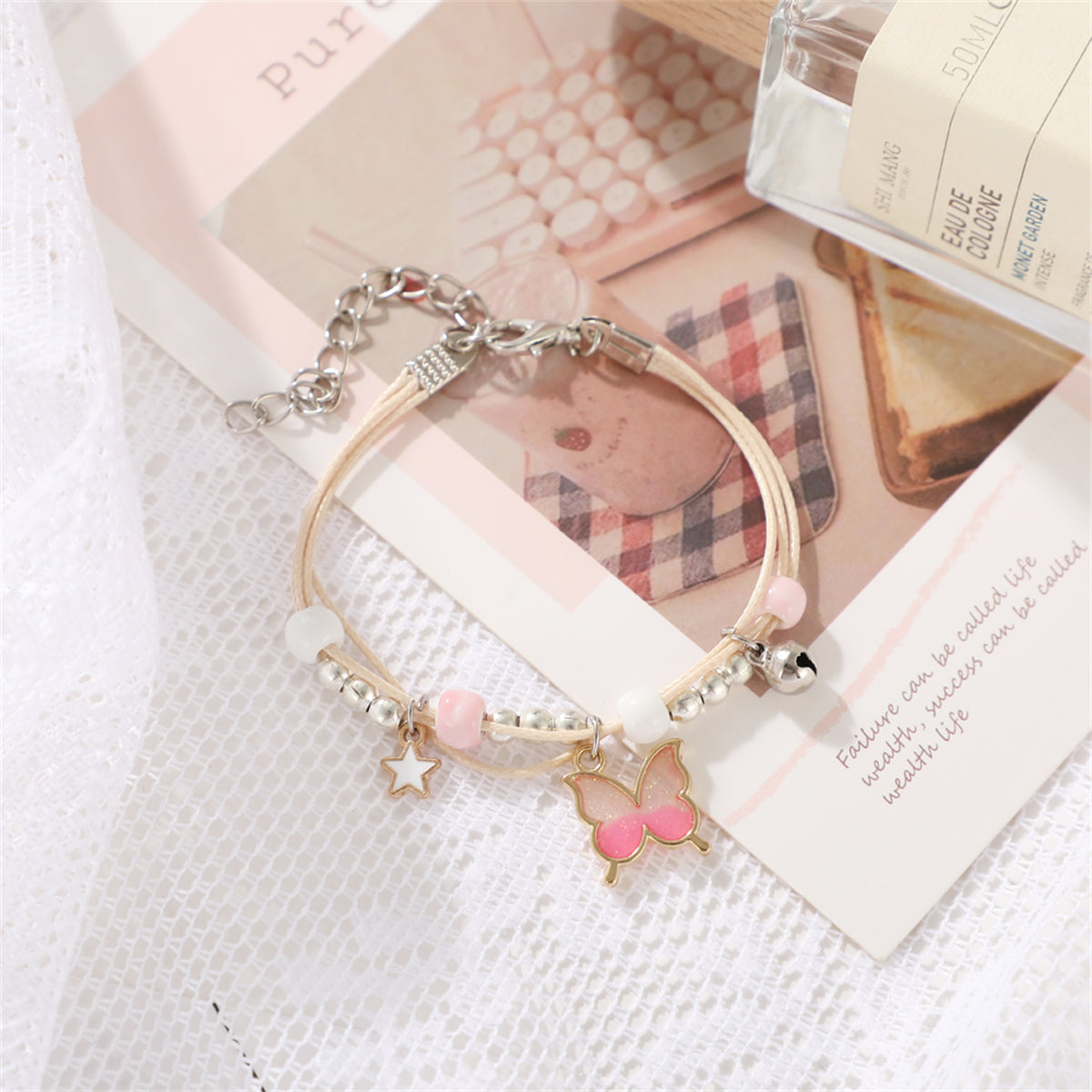 Pink Enamel and Two-Tone Buttefly Layered Charm Bracelet, bracelet for women, everyday style, detail close-up