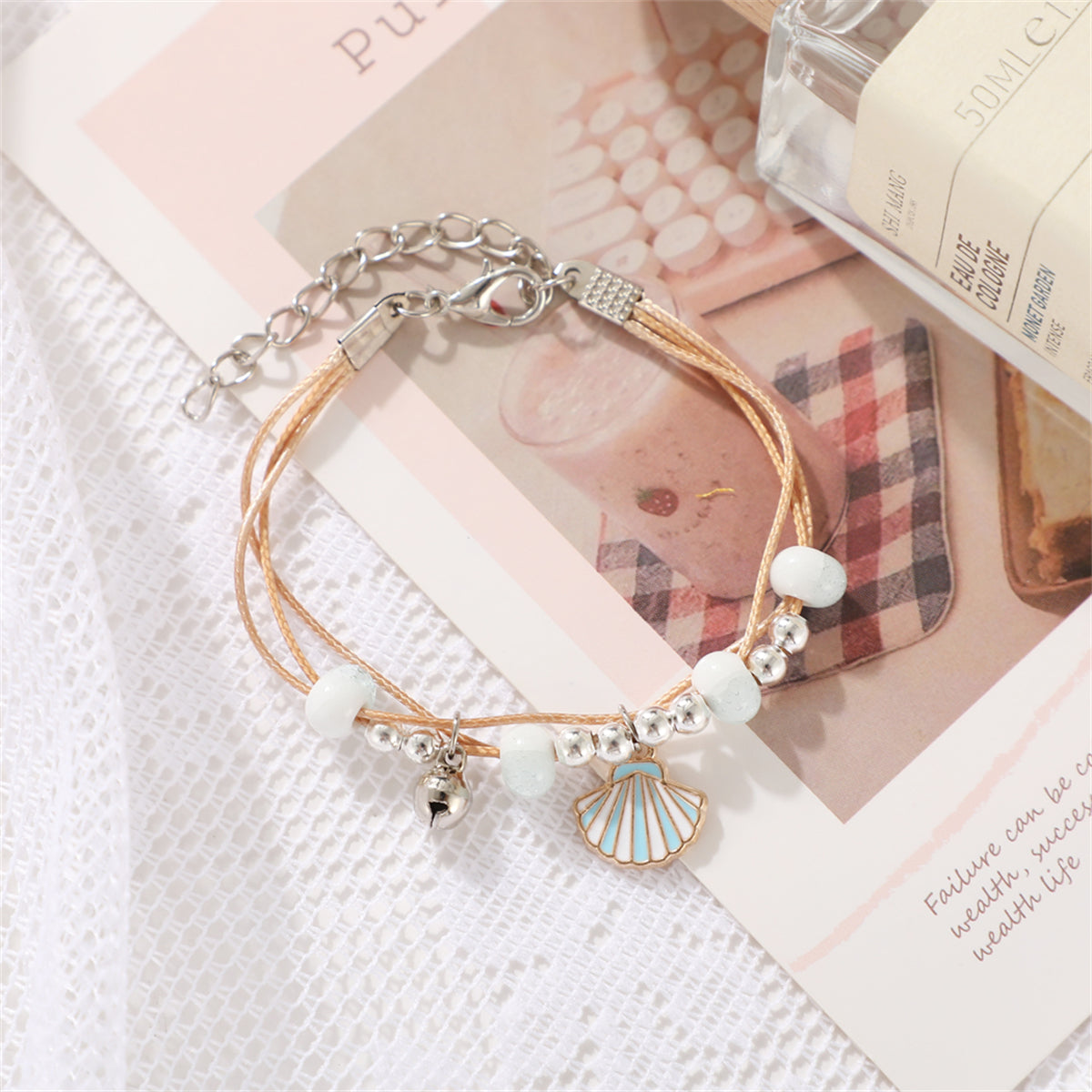 Light Blue Enamel and Two-Tone Shell Layered Charm Bracelet, bracelet for women, dainty minimalist design, detail close-up