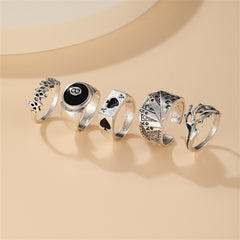 Black Enamel & Silver-Plated Skull Joker Ring Set