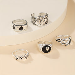 Black Enamel & Silver-Plated Skull Joker Ring Set