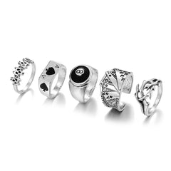 Black Enamel & Silver-Plated Skull Joker Ring Set