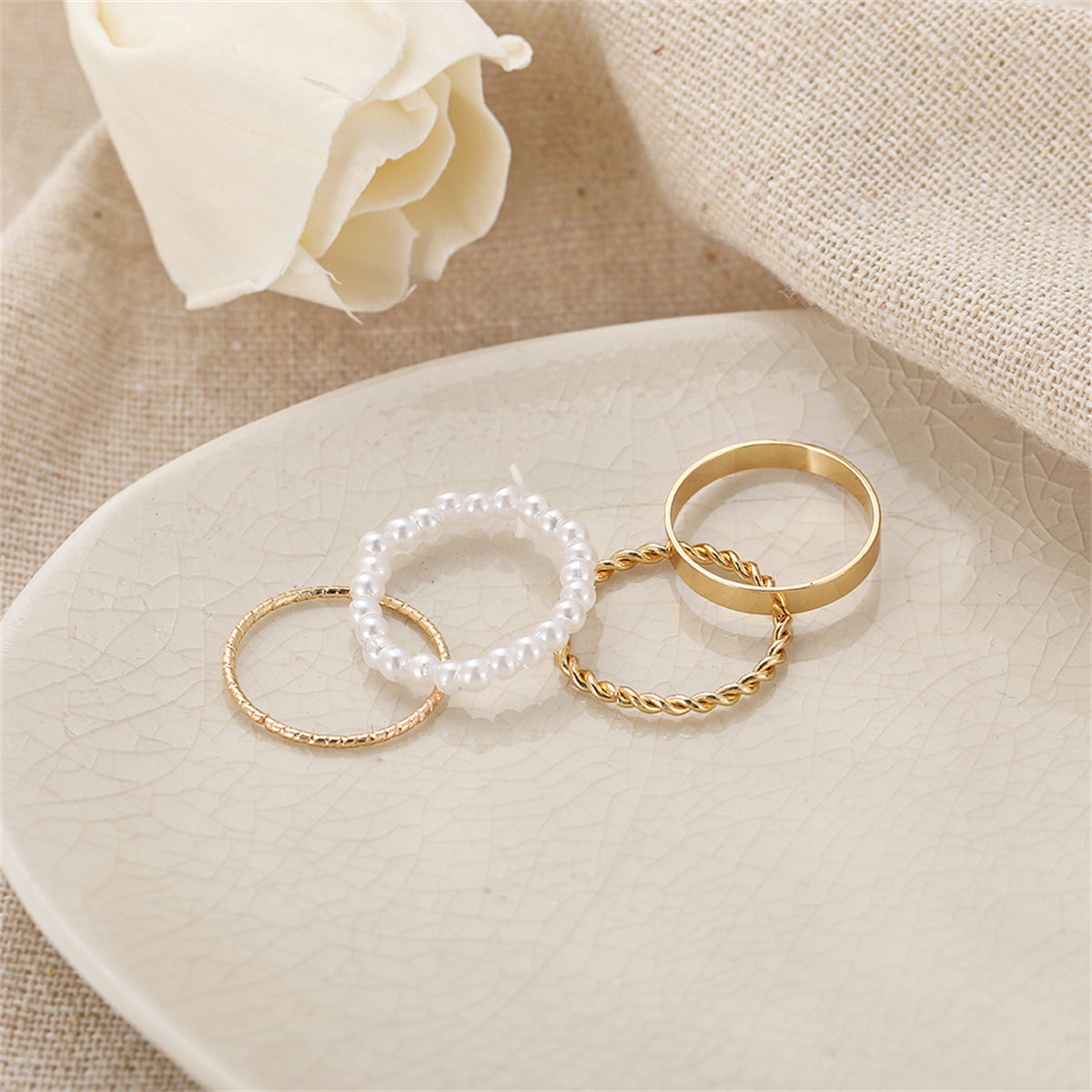 Pearl and 18K Gold-Plated Band Ring Set, jewelry gift sets for women, botanical inspired, styled look