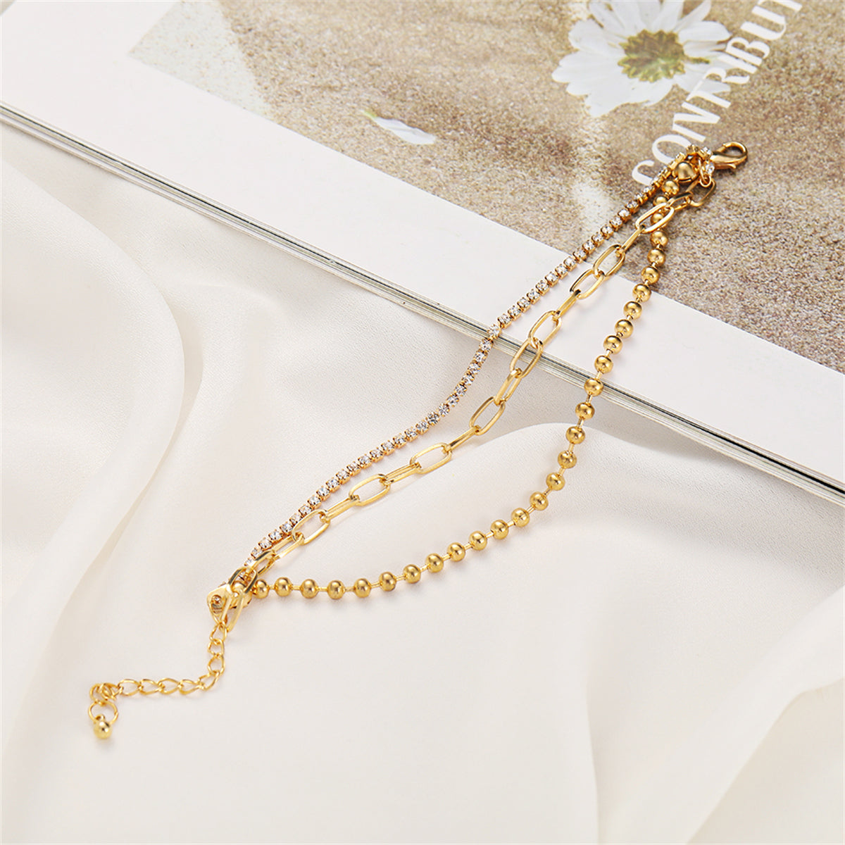 Cubic Zirconia & 18K Gold-Plated Layered Ball Chain Anklet