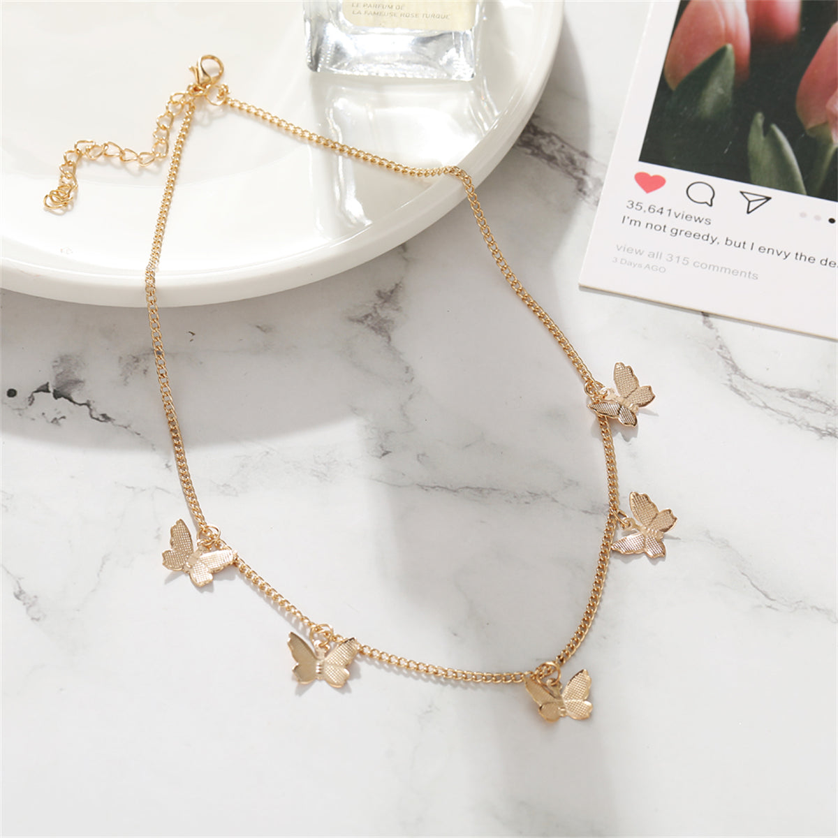 18K Gold-Plated Butterfly Station Choker, gold pendant necklace for women, vintage-inspired design, styled look