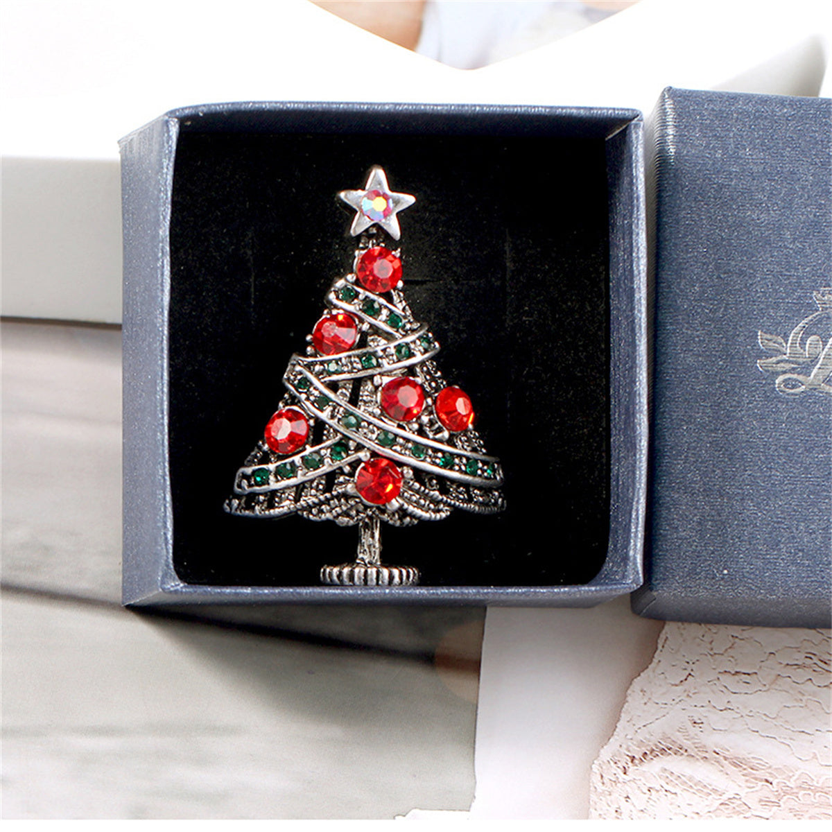 Red Cubic Zirconia and Silver-Plated Christmas Tree Brooch, silver brooch pin, dainty minimalist design, lifestyle look