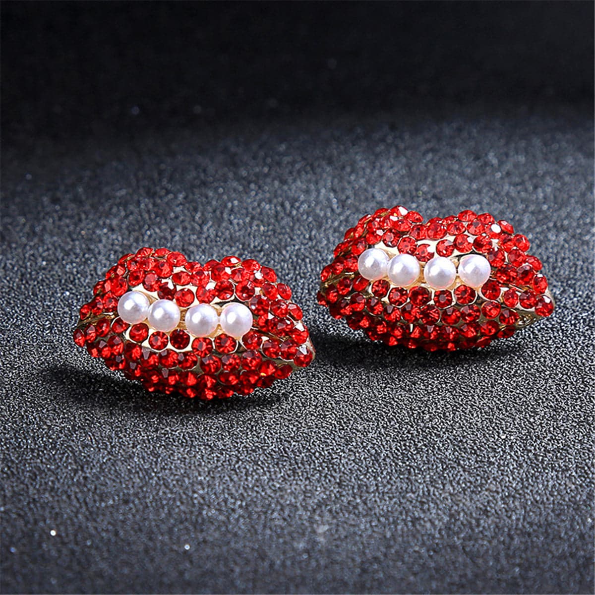 Imitation Pearl & Red cubic zirconia Lips Stud Earrings - streetregion