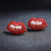 Imitation Pearl & Red cubic zirconia Lips Stud Earrings - streetregion