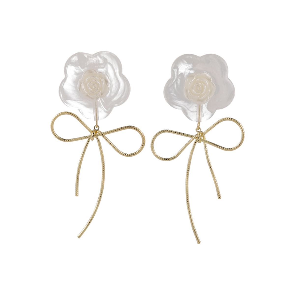 White Resin and 18K Gold-Plated Flower Bow Drop Earrings, gold drop earrings for women, everyday style, styled look