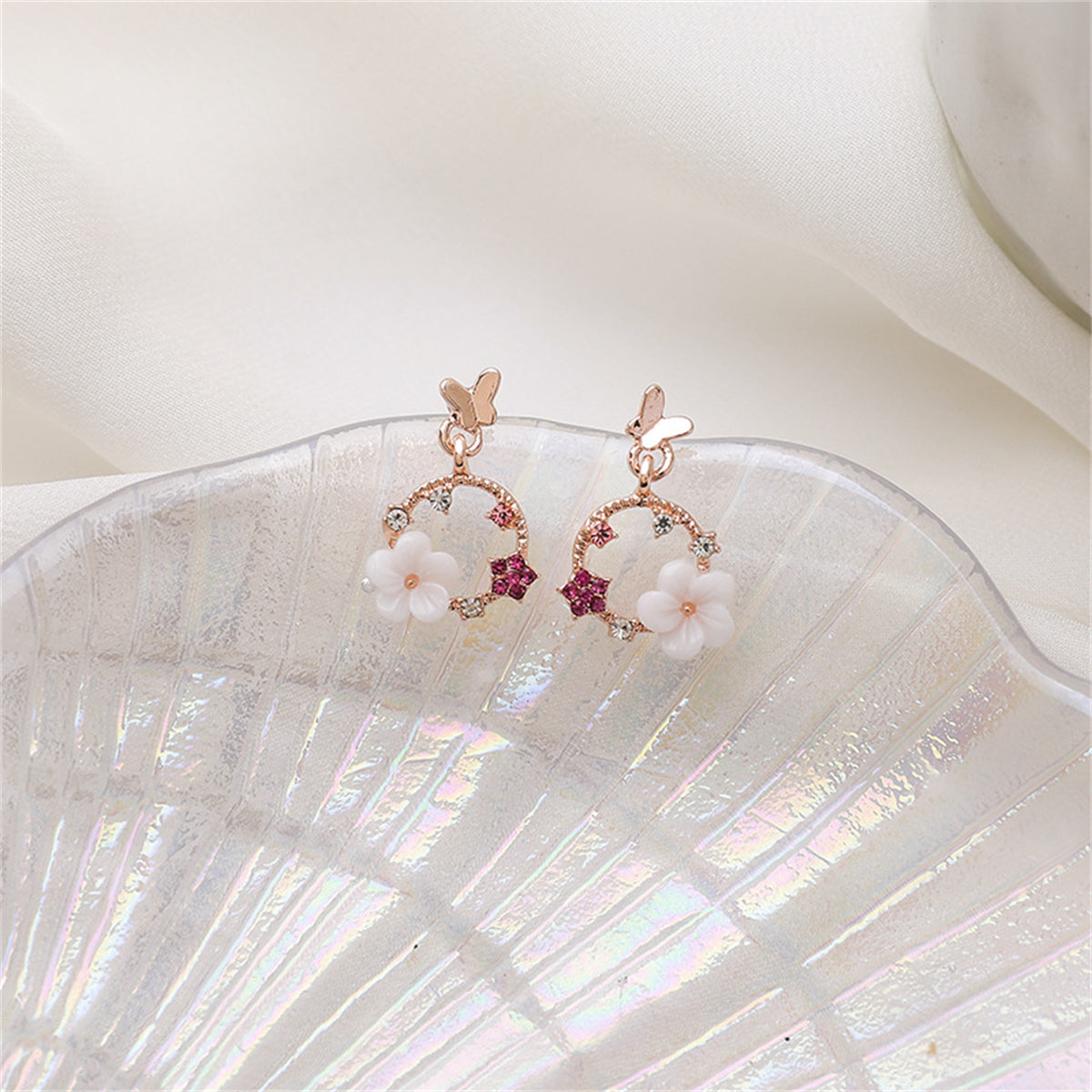 Cubic Zirconia and Acrylic Rose Butterfly Flower Drop Earrings, drop earrings for women, lifestyle look