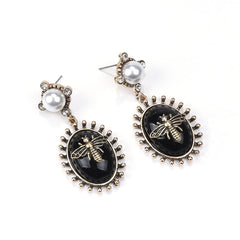 Black Crystal & Pearl 18K Gold-Plated Bee Drop Earrings