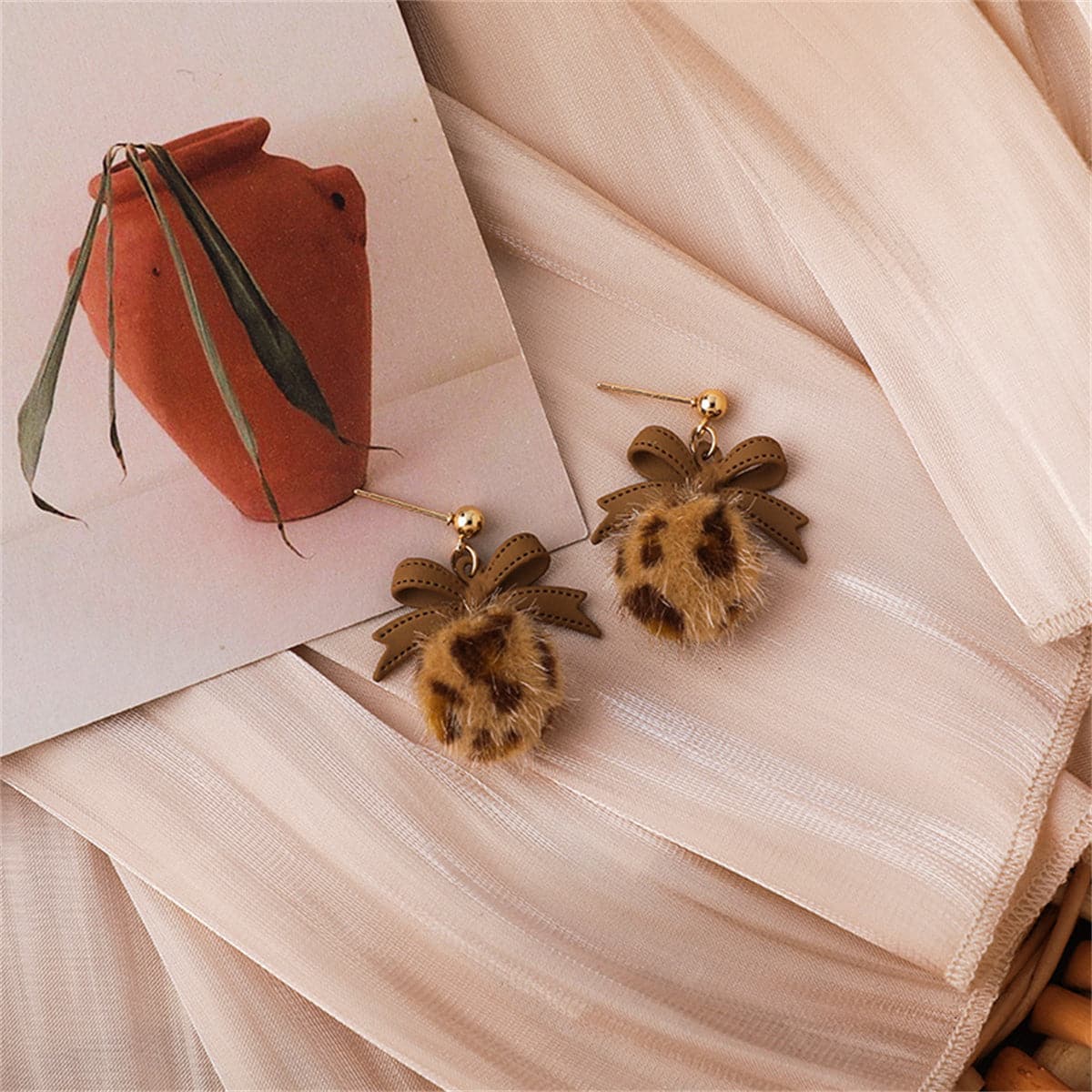 Brown Enamel and Pom-Pom 18K Gold-Plated Leopard Bow Ball Drop Earrings, gold drop earrings for women, lifestyle look