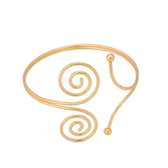 Elegant 18K gold-plated spiral arm cuff featuring a stunning double swirl design for a chic accessory.