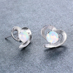 White Opal & Silver-Plated Heart Stud Earrings