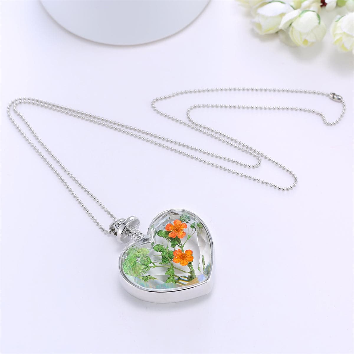 Pressed Peach Blossom & Silver-Plated Heart Pendant Necklace