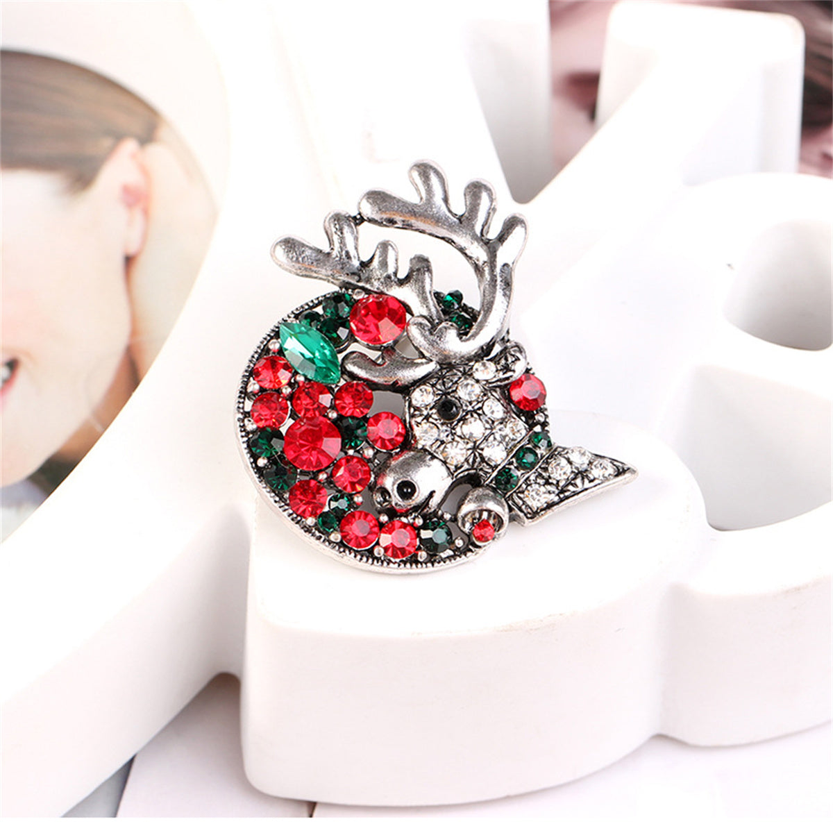 Green Crystal and Cubic Zirconia Silver-Plated Reindeer Brooch, silver brooch pin, vintage-inspired design, styled look