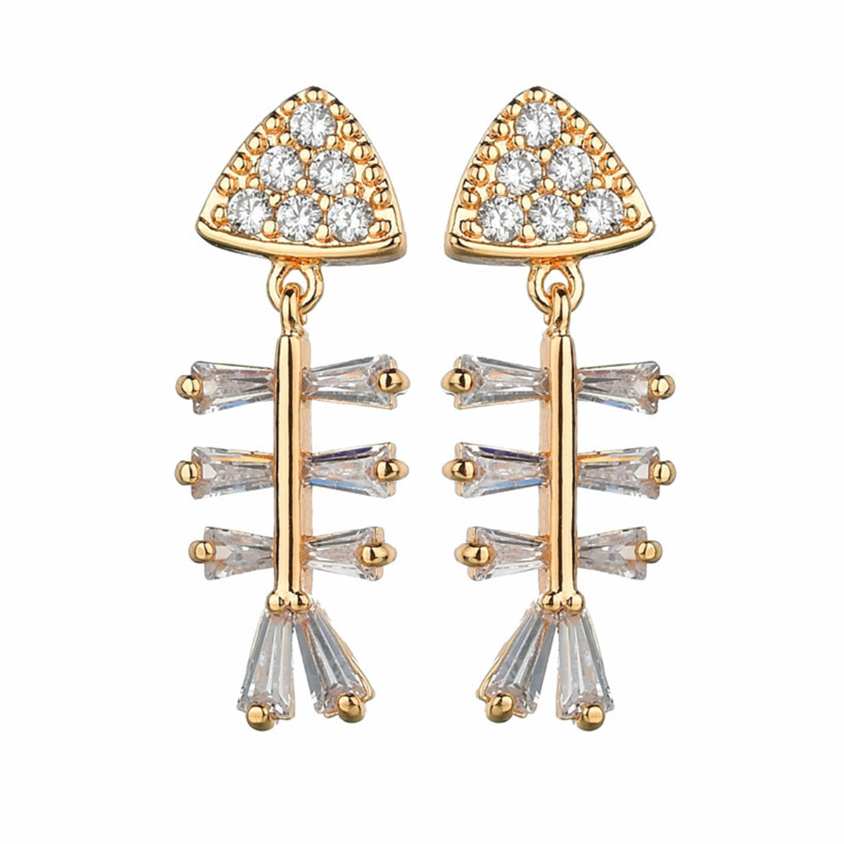 Cubic Zirconia and Crystal 18K Gold-Plated Fish Bone Drop Earrings, gold drop earrings for women, detail close-up